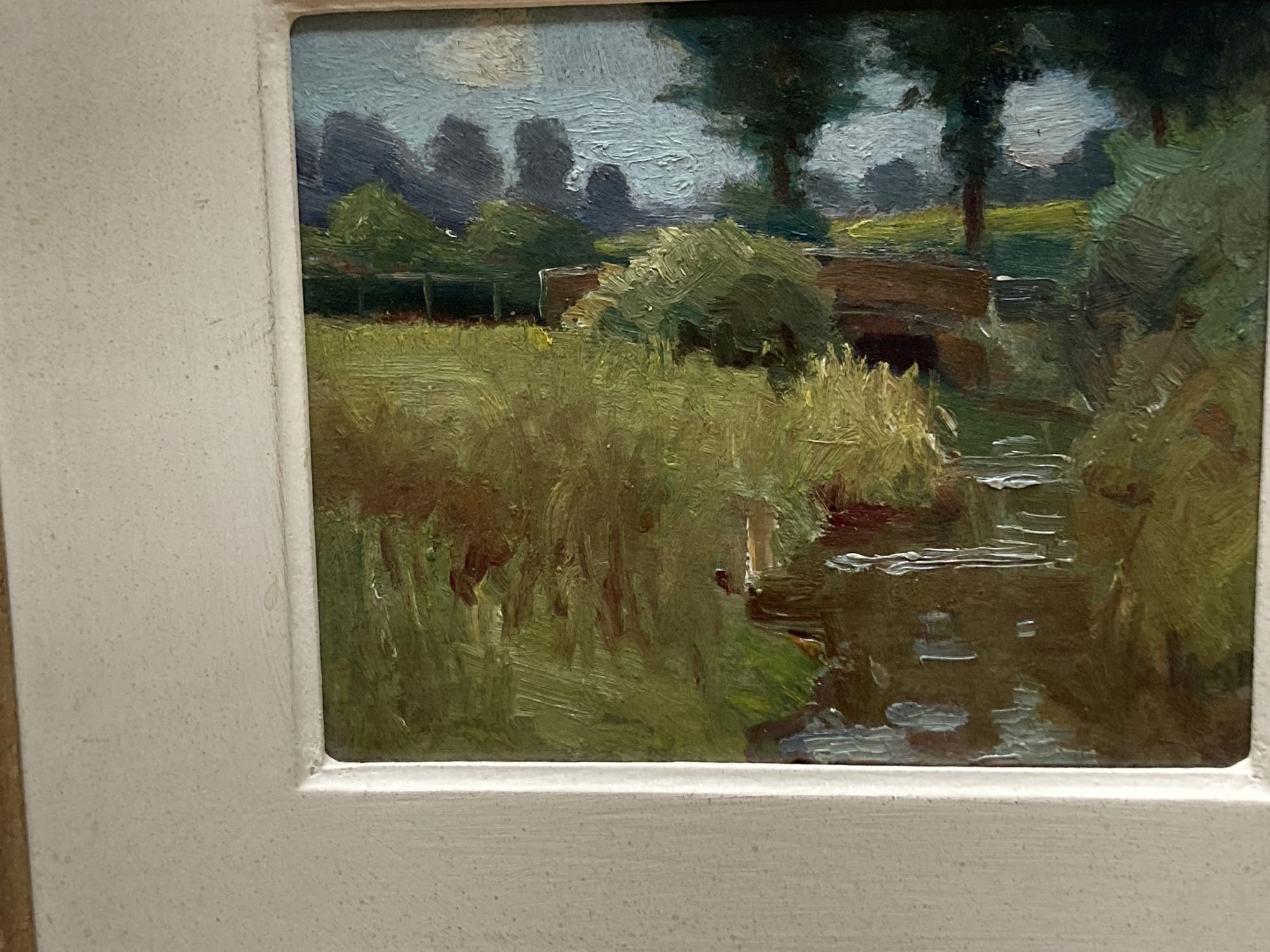 A set of three modern oil on board landscape studies, 19 x 24cm and another similar work